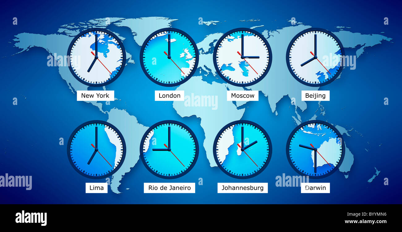 Weltkarte mit Uhren Ortszeit anzeigen. Stockfoto