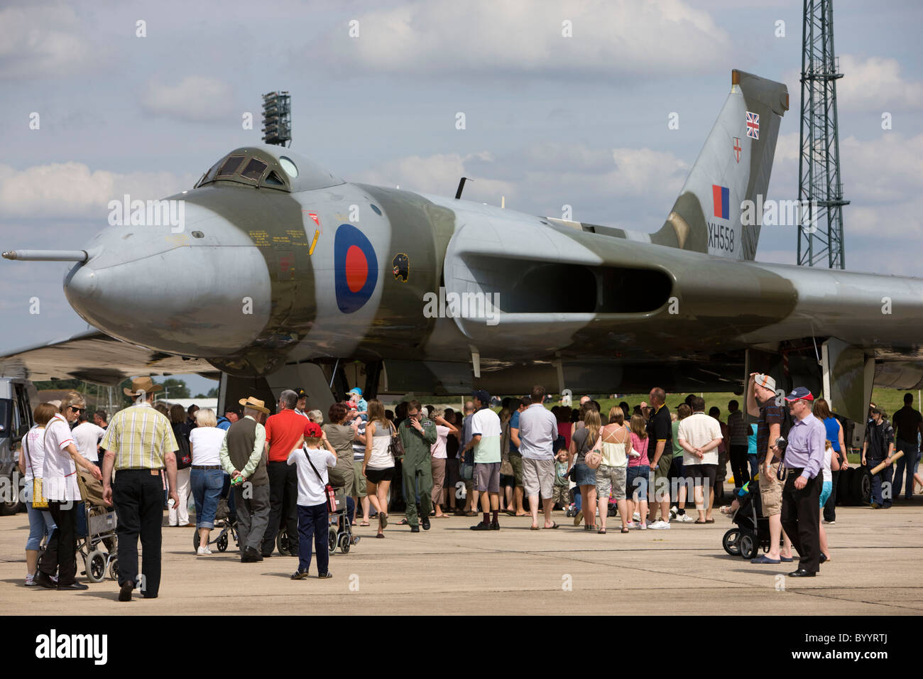 Vulcan Deltaflügel Bombenflugzeuge auf statische Anzeige auf dem Laufsteg bei RAF Lyneham Stockfoto
