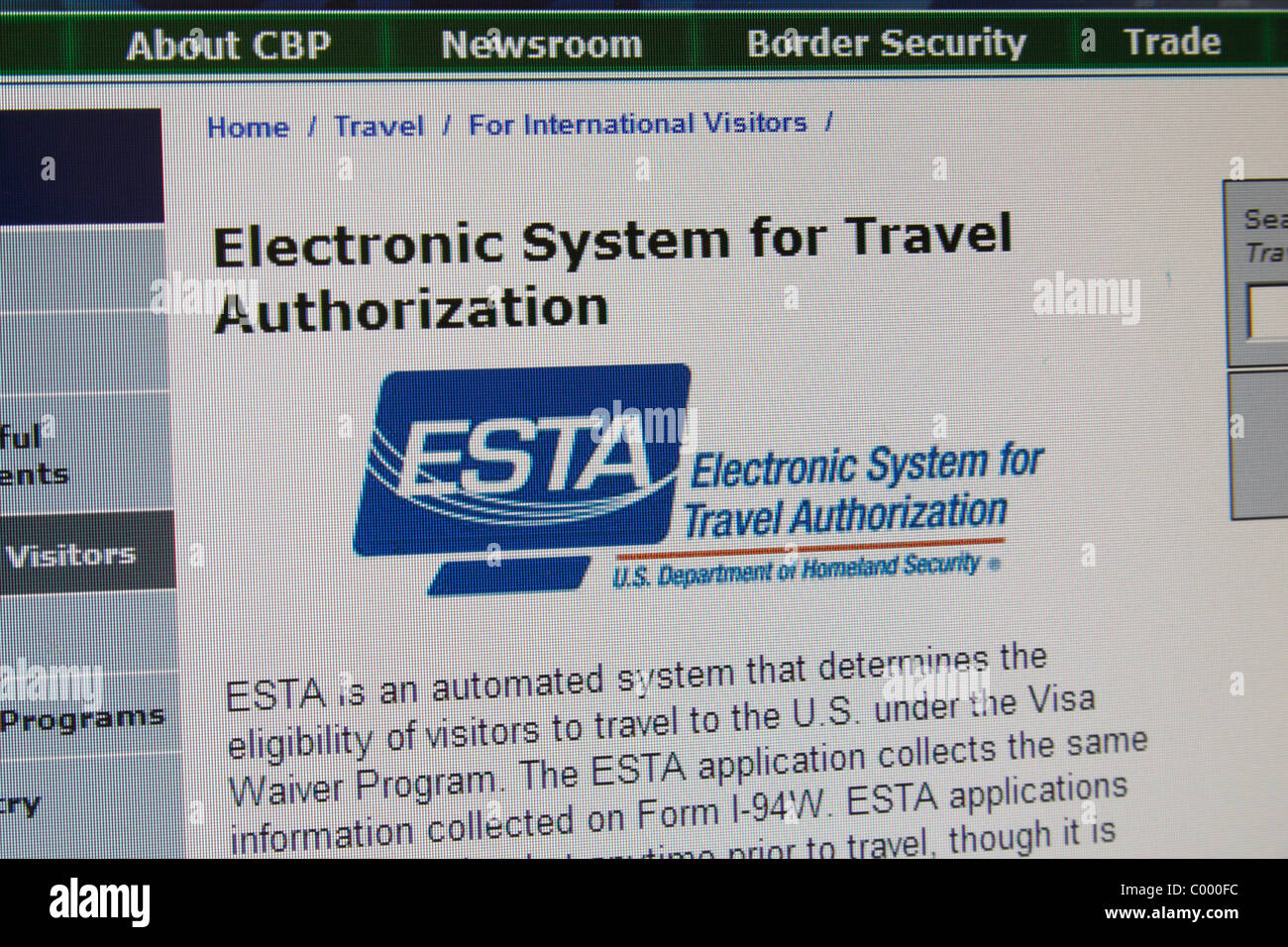 Screenshot der Electronic System for Travel Genehmigung (ESTA) für die Beantragung eines Visums für die Vereinigten Staaten einreisen. Stockfoto