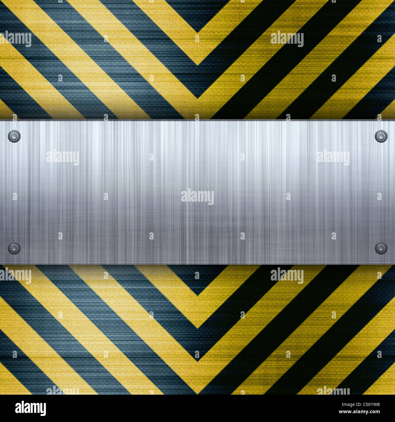 Eine genietete aus gebürstetem Aluminium-Platte auf eine Gefahr für die Bau-Streifen Hintergrund mit Kohlefaser-Inlay. Stockfoto