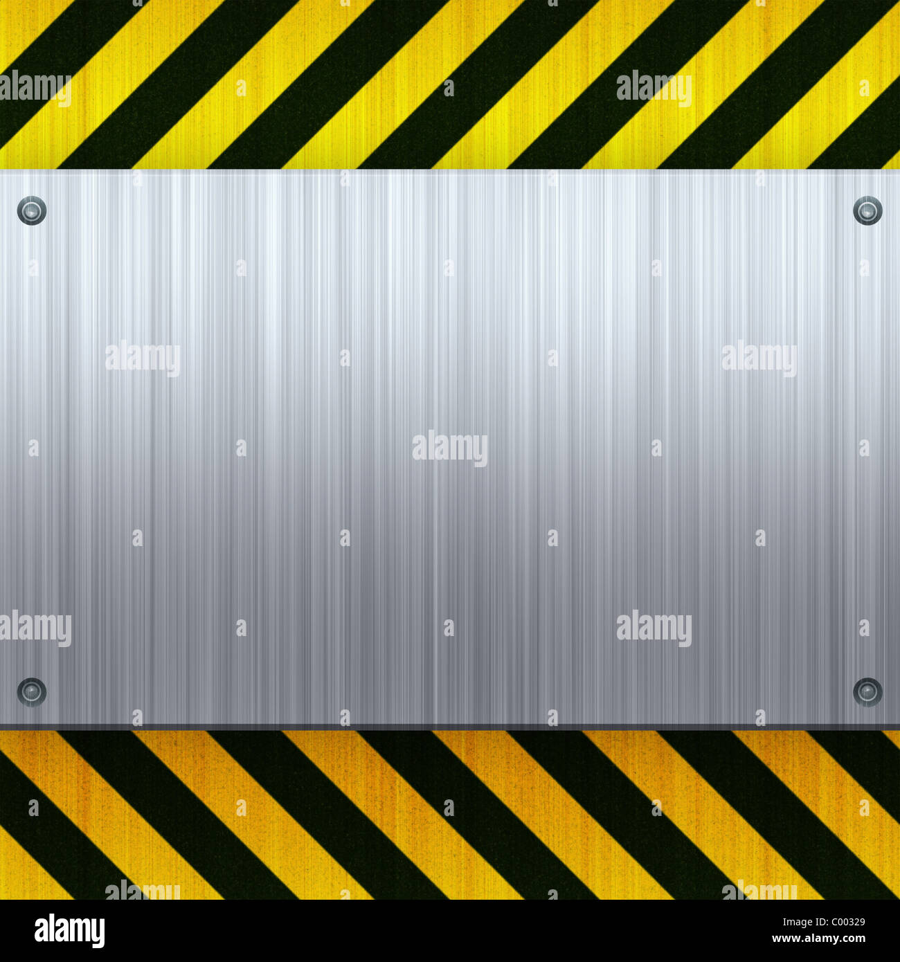 Eine genietete 3d gebürstet Metallplatte auf Bau Gefahr Streifen Hintergrund. Stockfoto