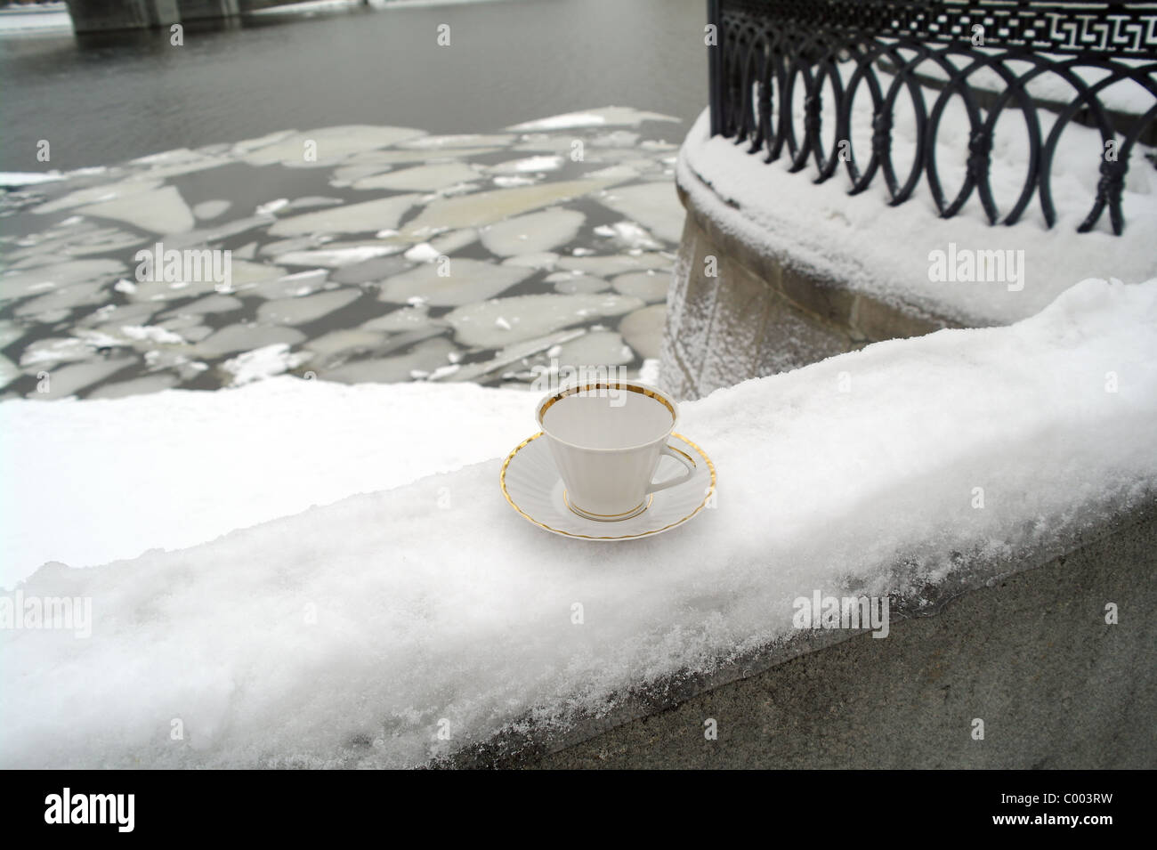 Weiße Tasse auf einen Schutz des Kais gegen den Fluss im Winter, Moskau, Russland Stockfoto