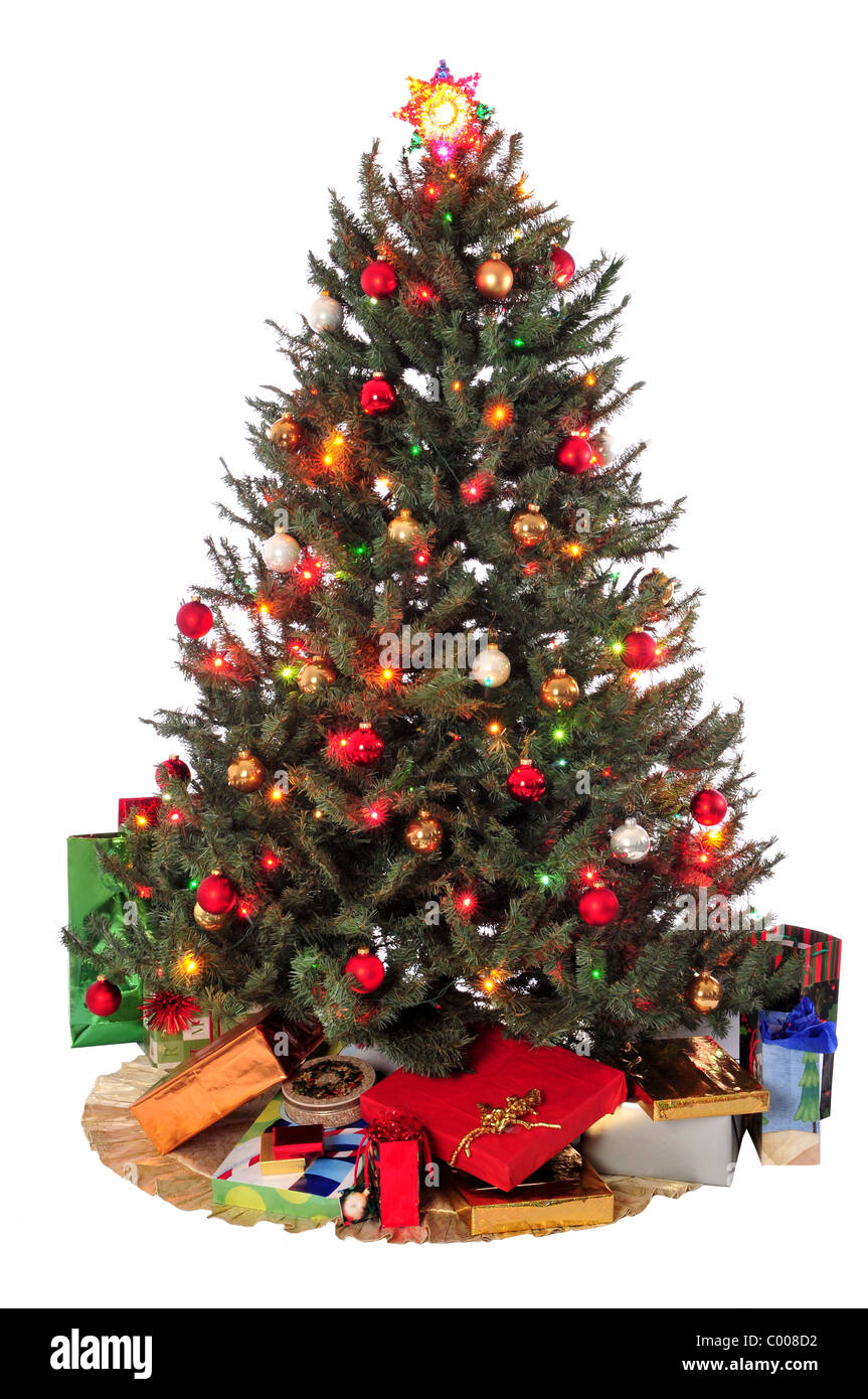 Weihnachtsbaum mit Dekoration und Beleuchtung auf weißem Hintergrund Stockfoto