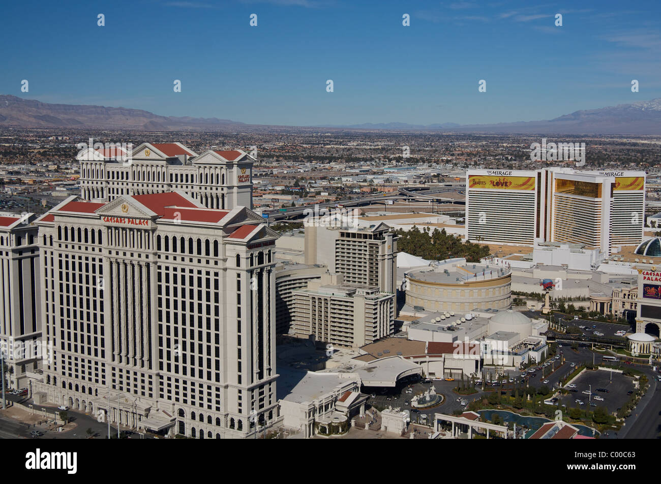 Eine Luftaufnahme des Caesars Palace, The Mirage und andere Gebäude in Las Vegas Stockfoto