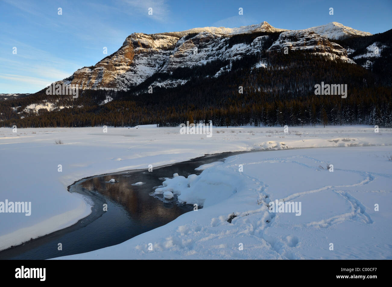 Berge und Bach im Winter. Lamar Valley, Yellowstone National Park, Wyoming, USA. Stockfoto
