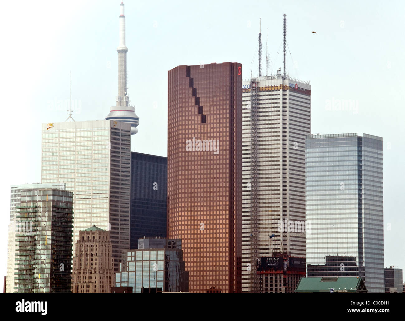 Eine Nahaufnahme der Bürohochhäuser und des CN Tower, im Finanzviertel der Innenstadt von Toronto, Ontario, Kanada. Stockfoto