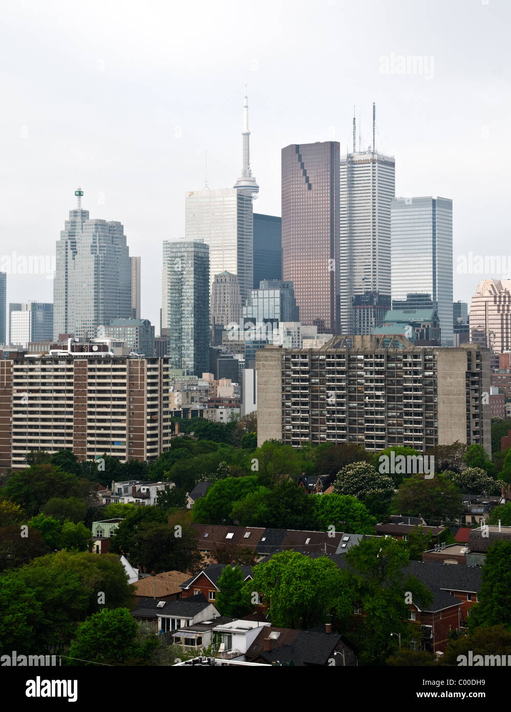 Eine Skyline von Büro- und Apartmentgebäuden in der Innenstadt und dem Wohnviertel Cabbagetown im Vordergrund, Toronto, Ontario, Kanada. Stockfoto