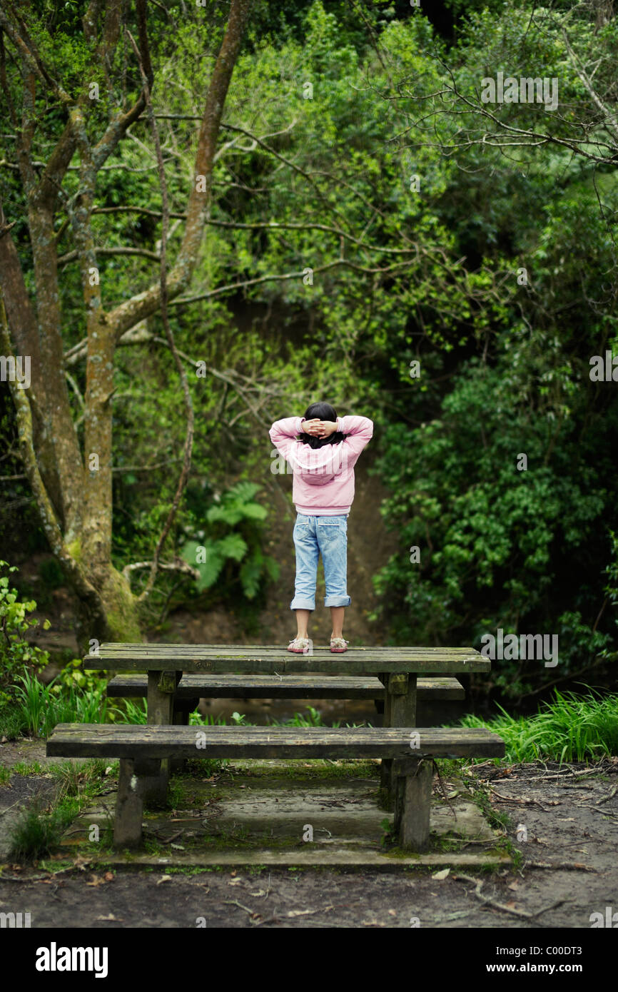 Mädchen auf Bank steht und schaut Urwald, Neuseeland. Stockfoto
