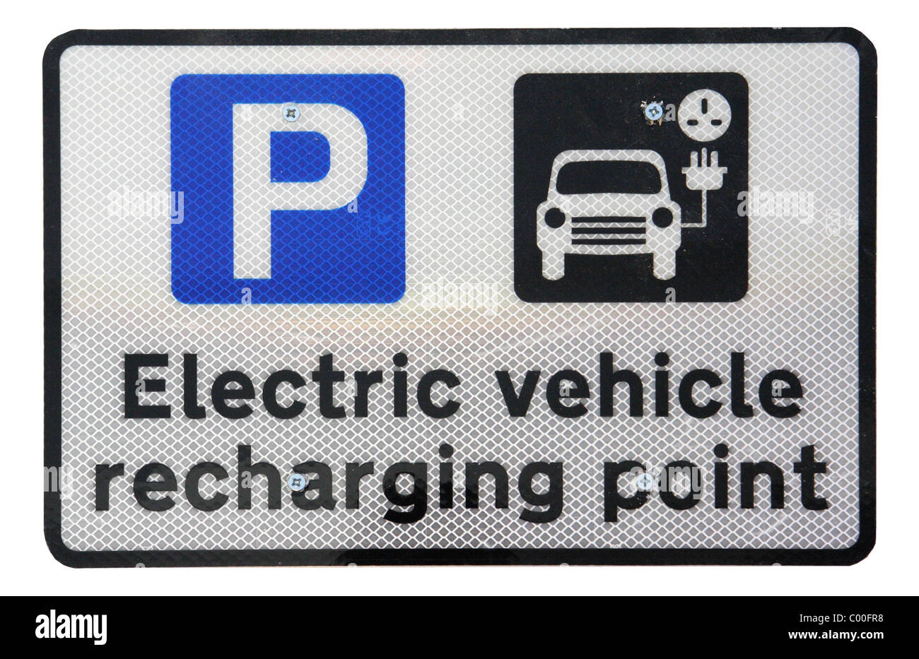 Zeichen zeigt Elektrofahrzeug aufladen Punkt an Str. Marys Parkplatz in Sunderland, North East England Stockfoto