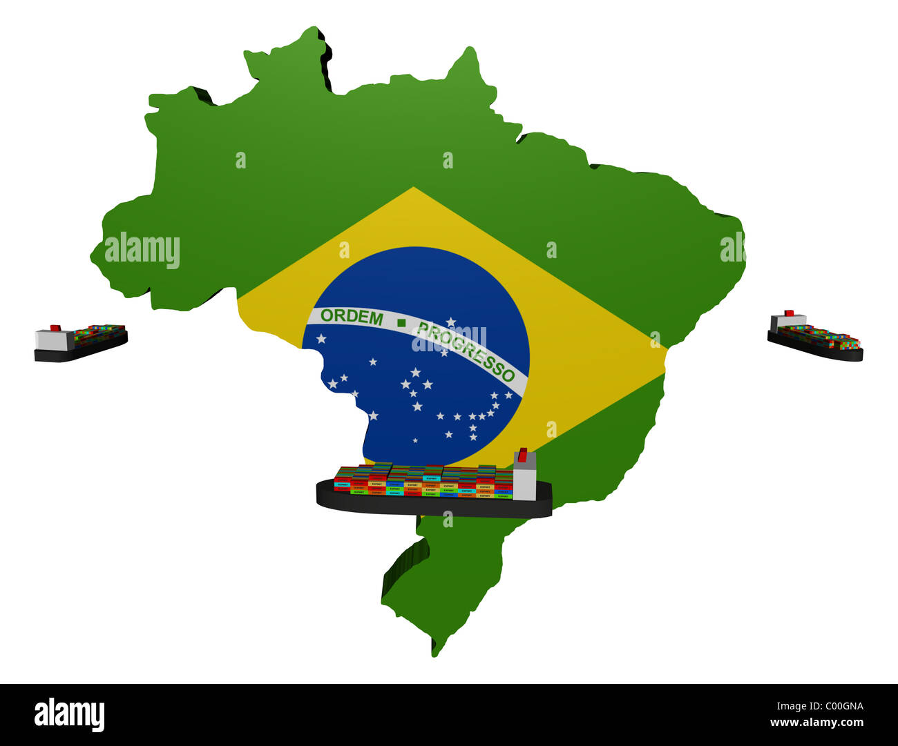 Brasilien Landkarte Flagge mit Containerschiffen illustration Stockfoto