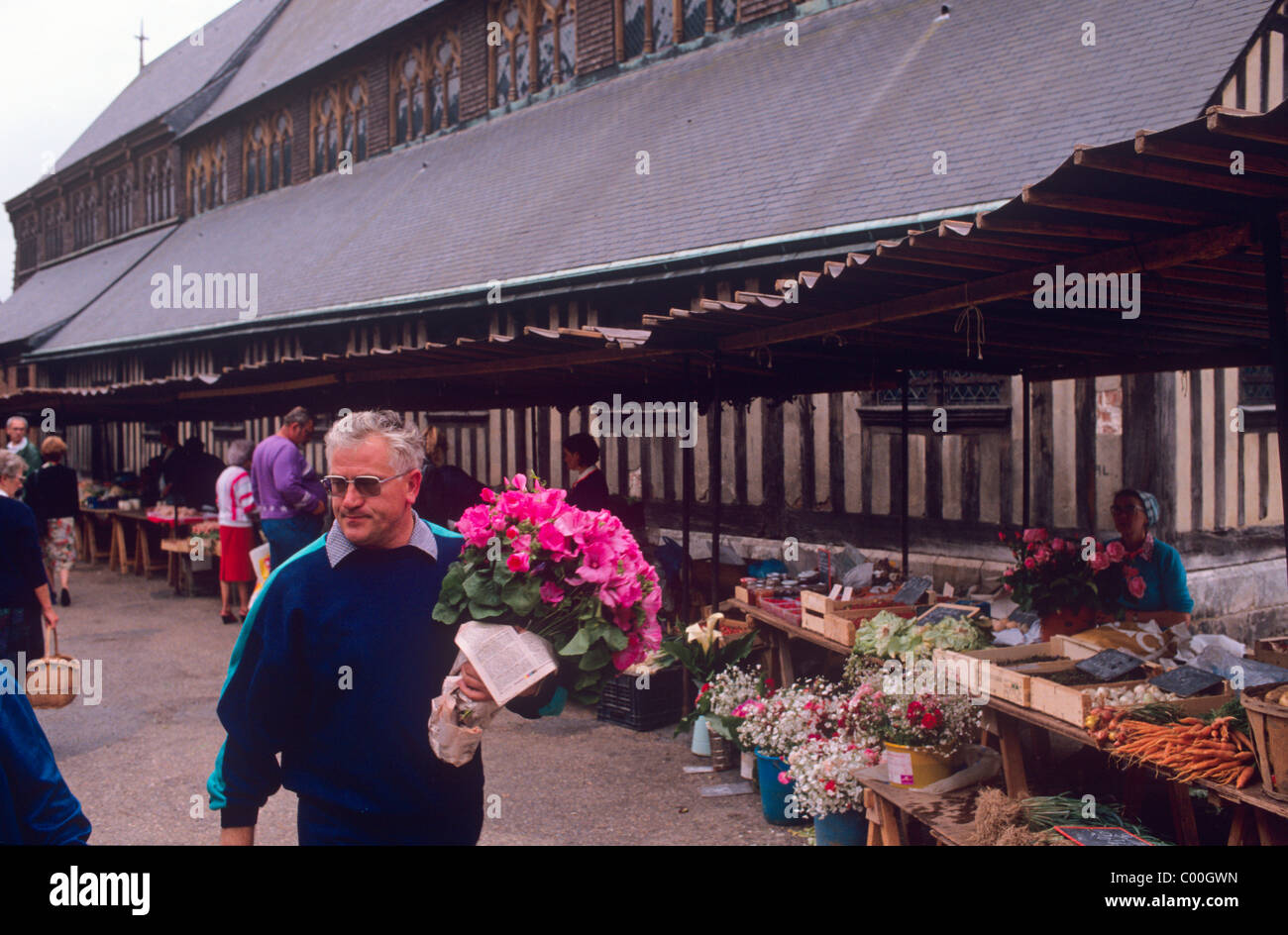 Ein Mann trägt einen großen rosa Alpenveilchen auf Honfleur Blumenmarkt Stockfoto