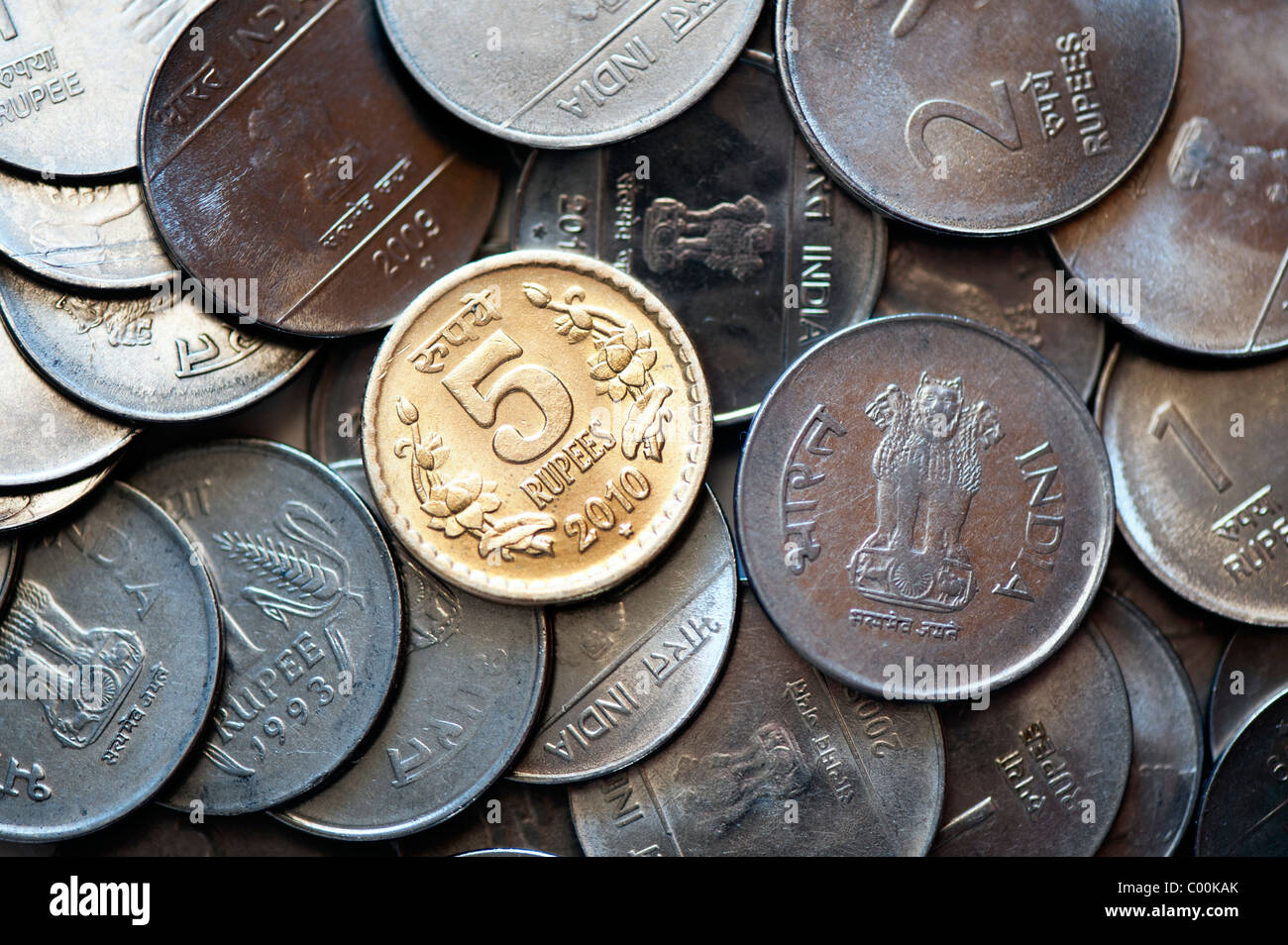Indische Rupie-Münzen Stockfoto