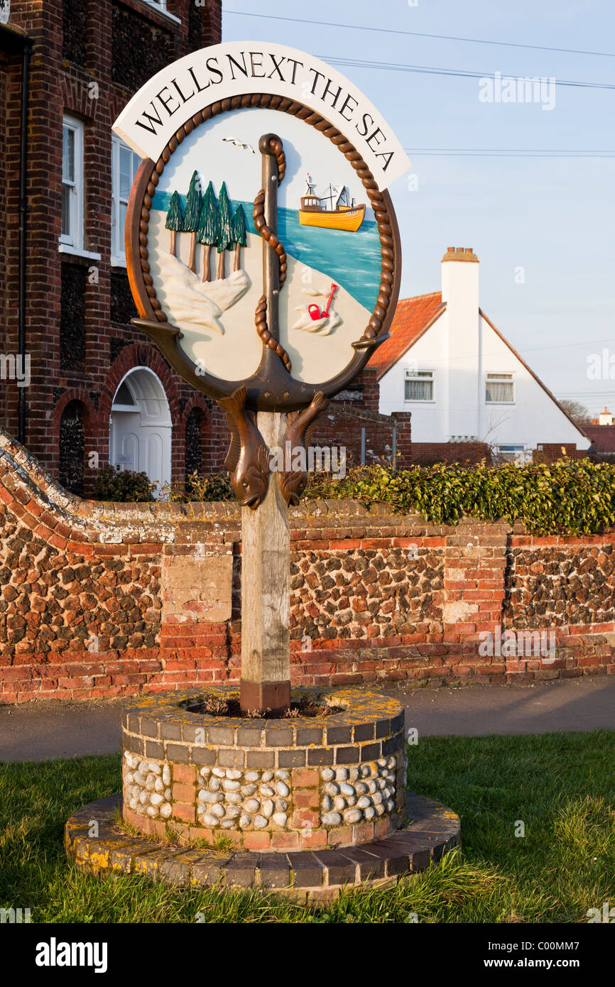 Ortsschild, Brunnen als nächstes das Meer, Norfolk Stockfoto