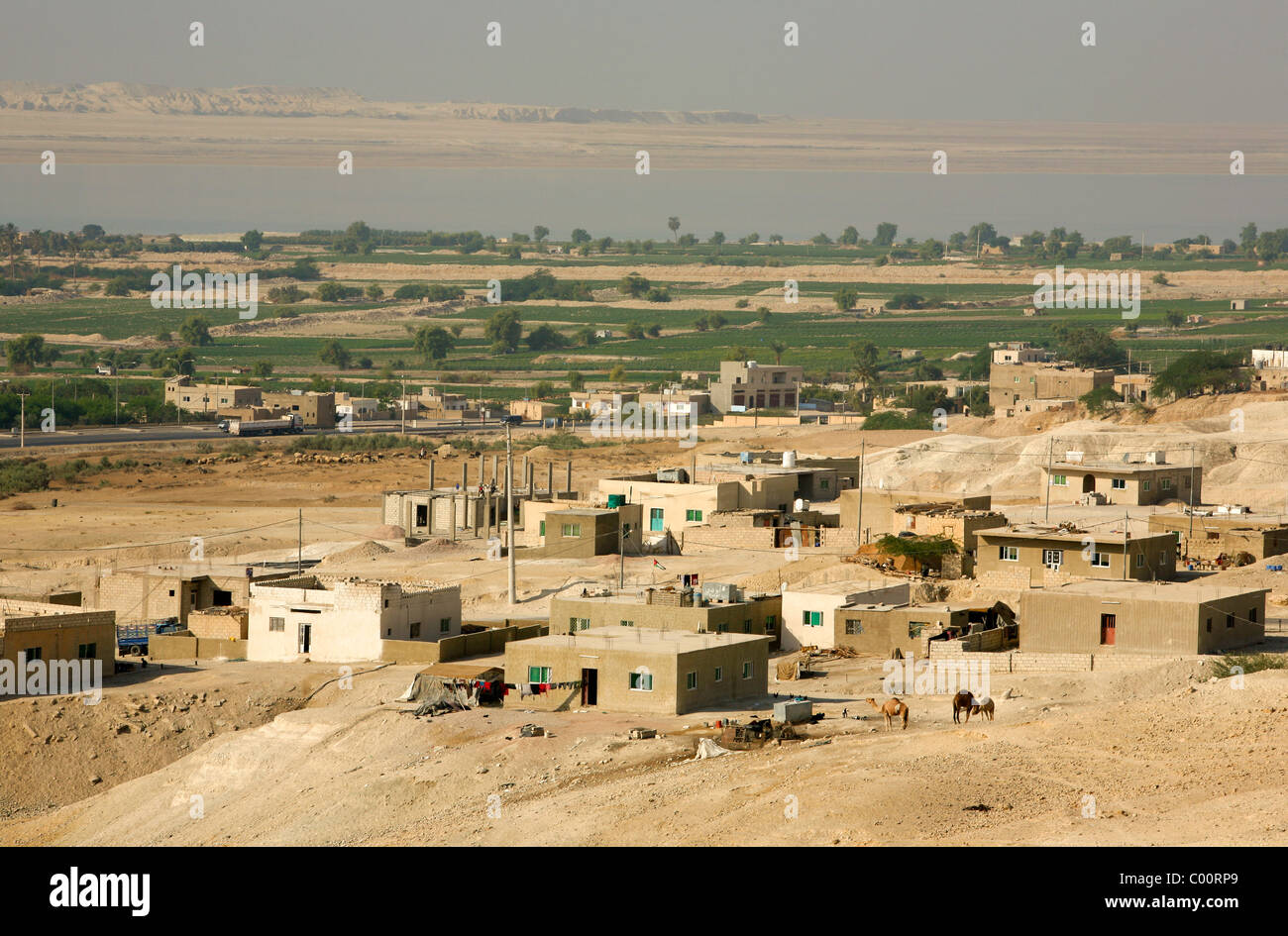 Blick über das fruchtbare Land auf der Lisan-Halbinsel weiter zum Toten Meer, Jordanien. Stockfoto