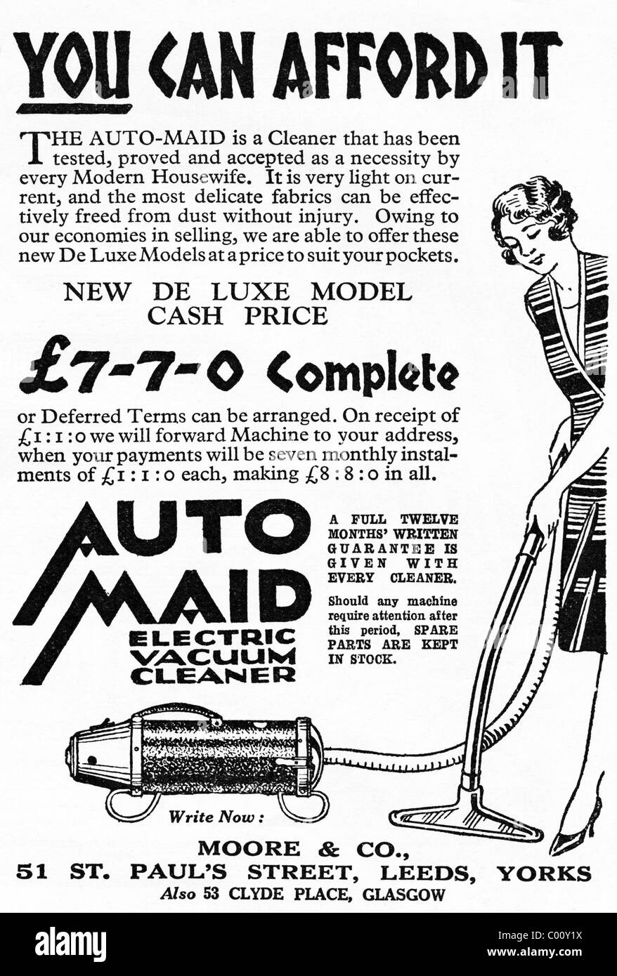 Anzeige der 1920er Jahre in Verbraucher-Magazin für den AUTO-MAID elektrische Staubsauger Stockfoto