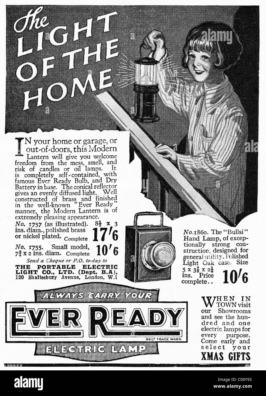 Anzeige der 1920er Jahre in Verbraucher-Magazin für die stets bereit  Batterie betriebene elektrische Lampe Stockfotografie - Alamy