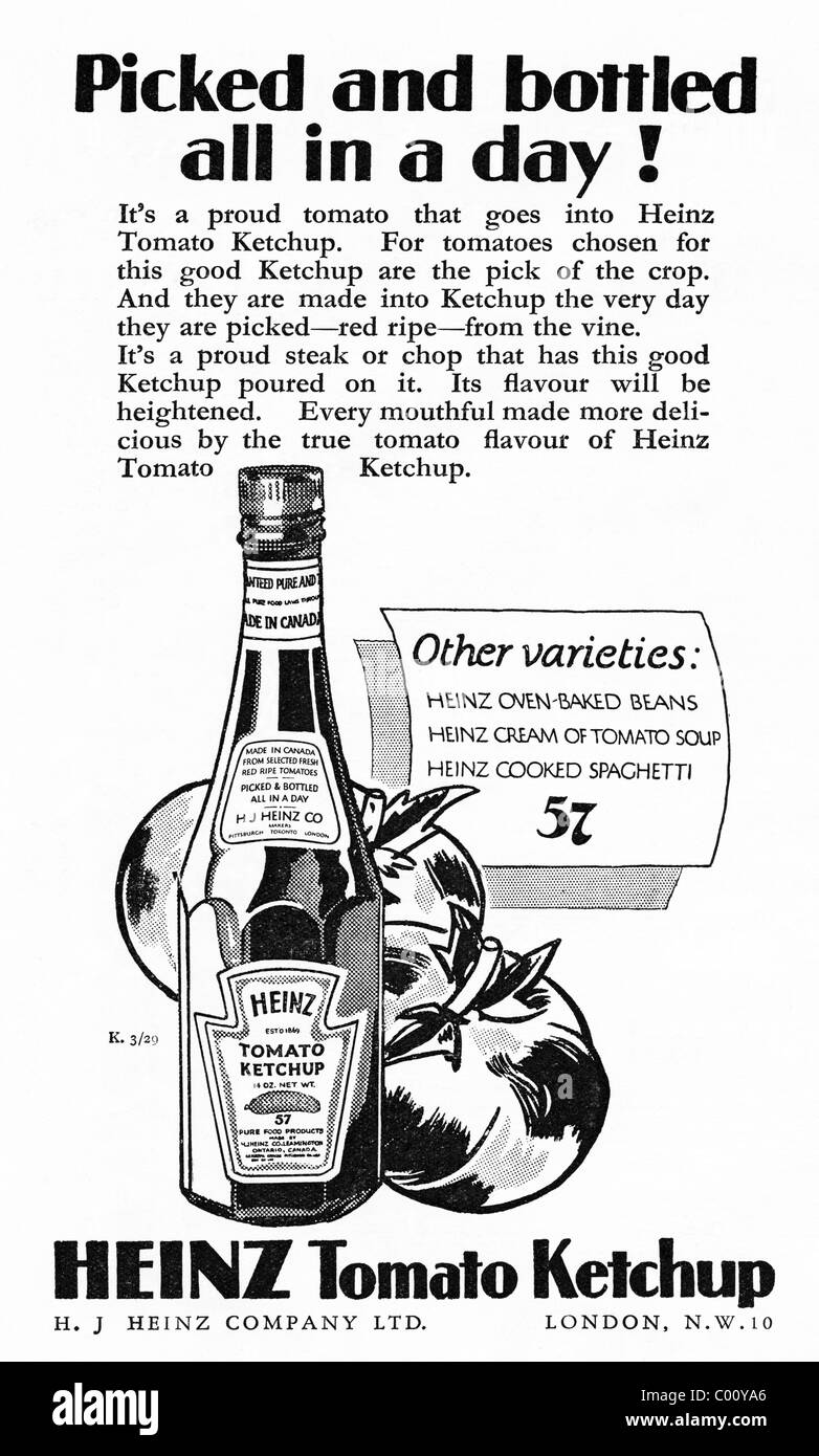 1920er Jahre Werbung in Verbraucher-Magazin für HEINZ TOMATO KETCHUP Stockfoto