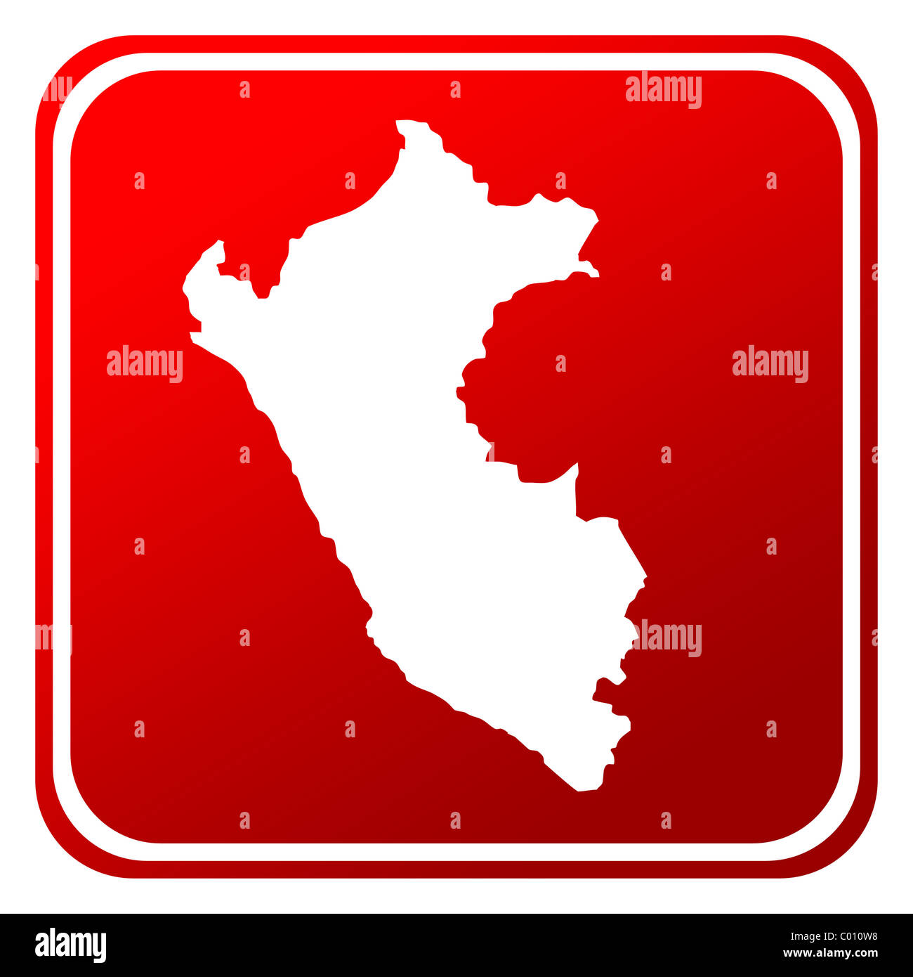 Peru rote Kartenschaltfläche isoliert auf weißem Hintergrund. Stockfoto