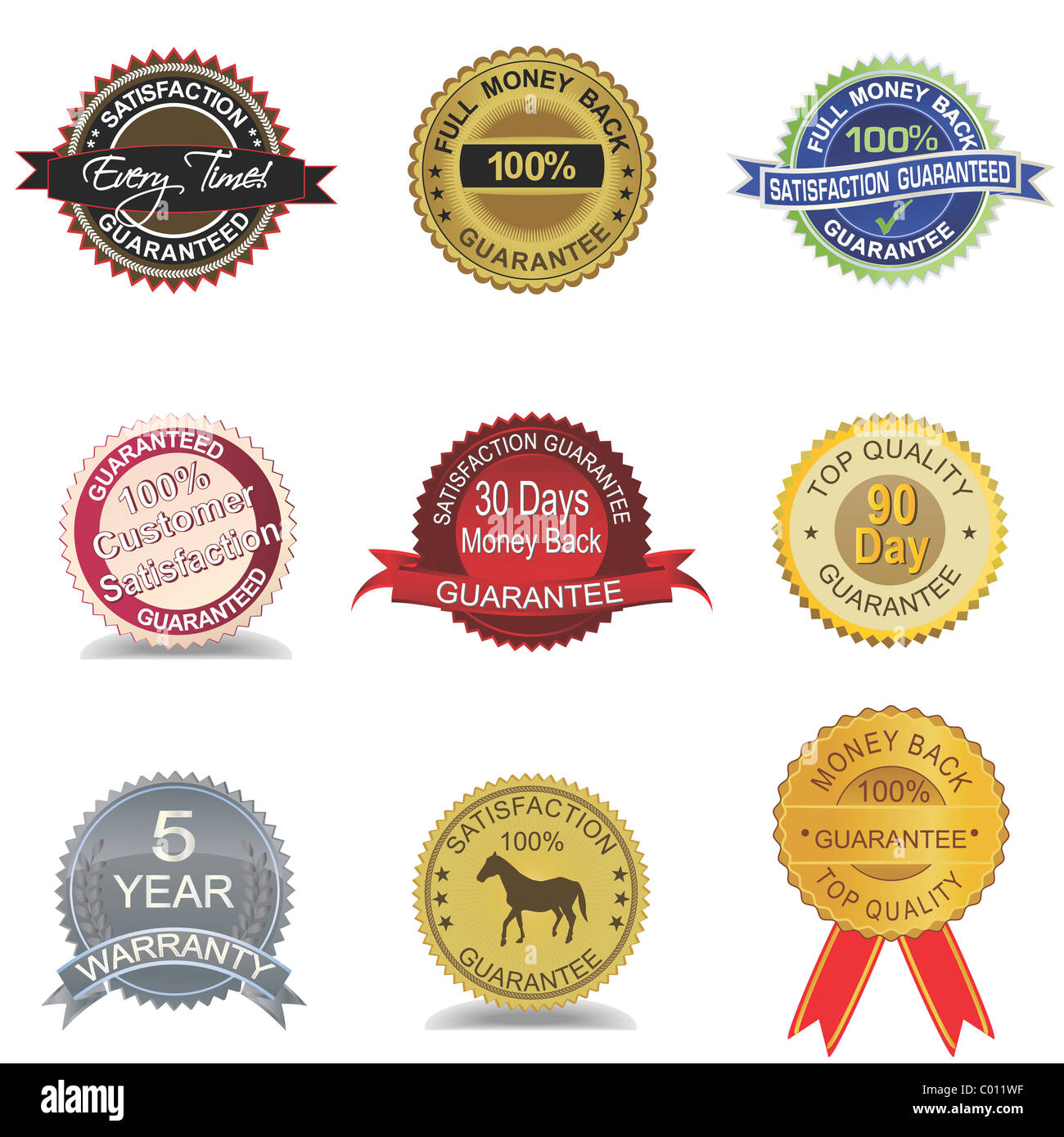 Satz von 9 Geld zurück Garantiesiegel Stockfoto