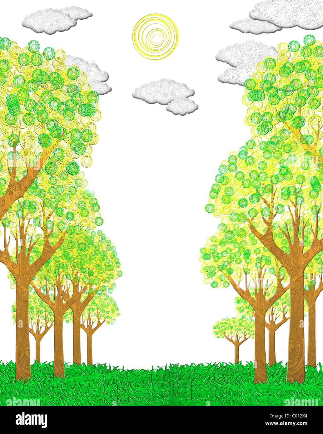 sonnige Landschaft mit Bäumen und Textfreiraum Stockfoto