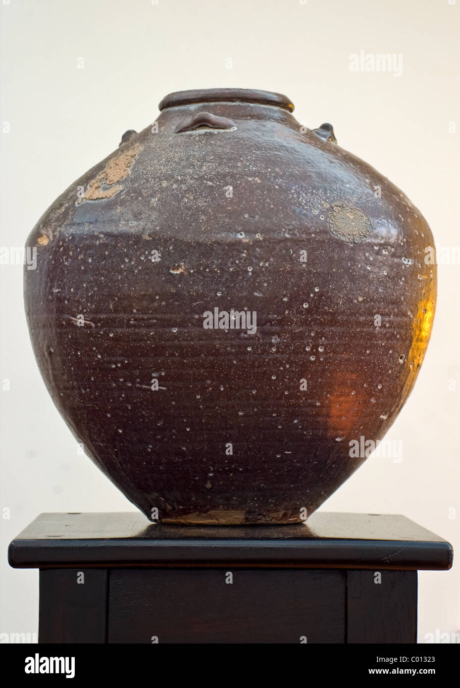 tönernen Topf auf einem dunklen Stand mit einem hellen Hintergrund Stockfoto