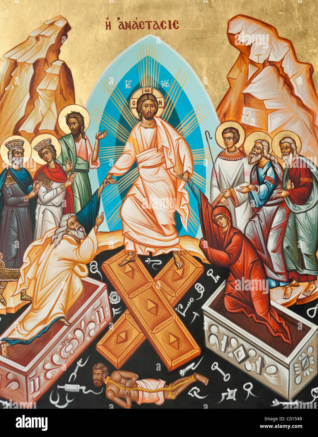 Anastasis, Auferstehung Christi, Christus wirft die Toten aus ihren Gräbern, griechisch-orthodoxe Ikone Stockfoto