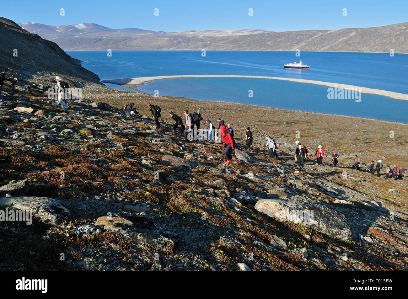 Kreuzfahrtschiff-Passagiere Wandern an einem felsigen Hang Sonnenschein Fjord, Baffininsel, Nunavut, Kanada, Arktis Stockfoto