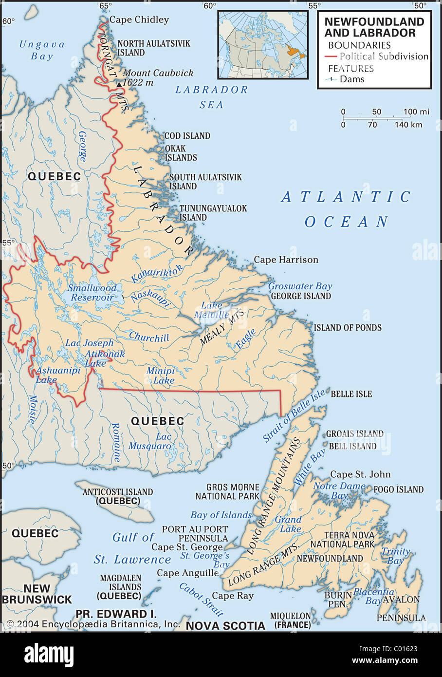 Karte von Neufundland und Labrador Stockfoto