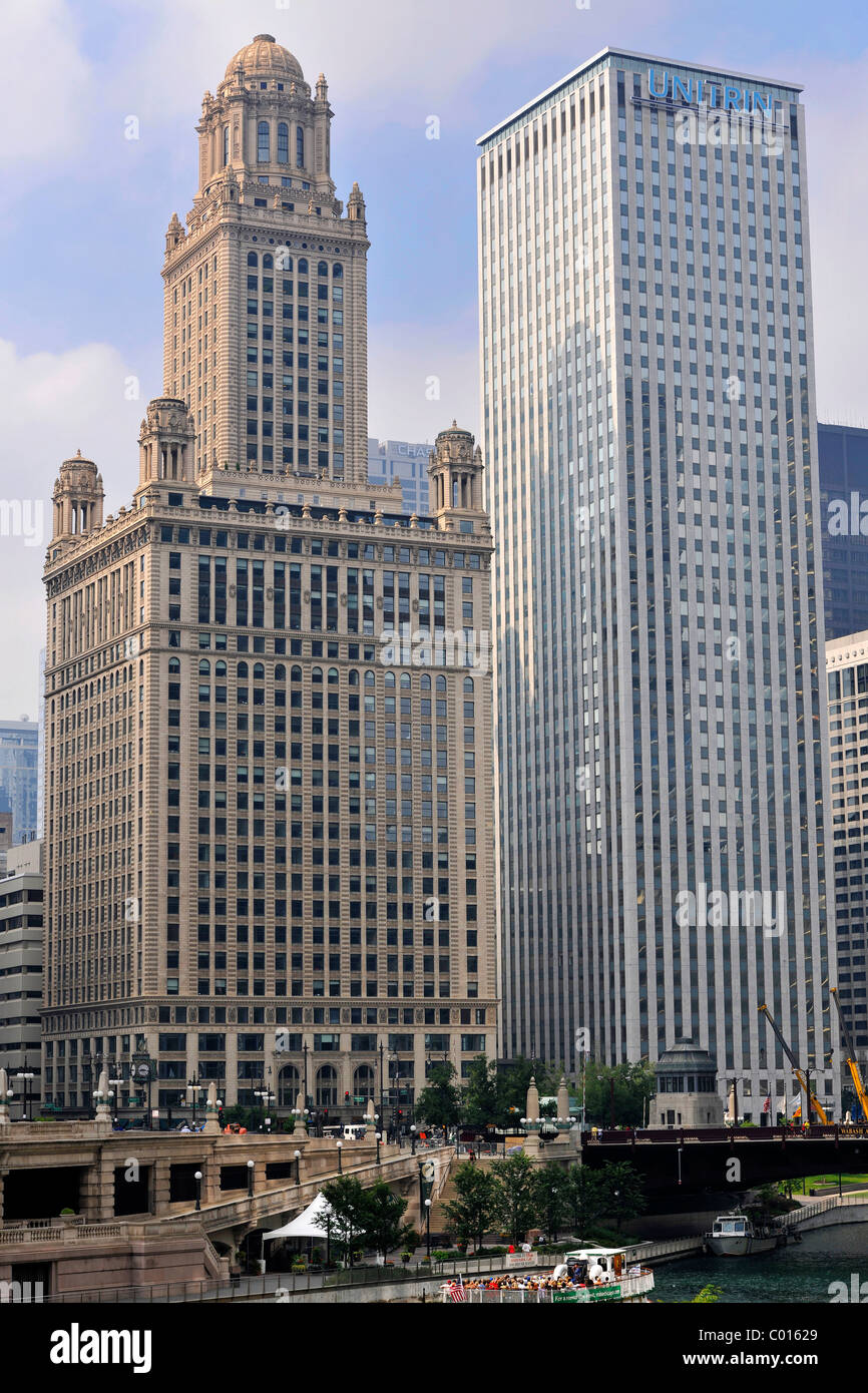 Promenade, Chicago River Walk, 35 East Wacker Drive, ehemals North American Life Insurance Building, Unitrin Gebäude, Schleife Stockfoto