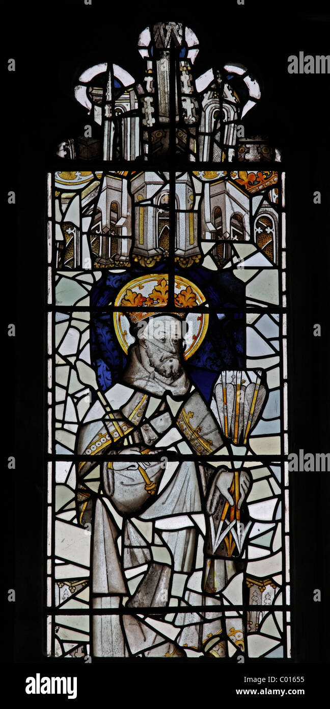 15. Jahrhundert Glasmalerei Darstellung St Edmund, Stiftskirche St. Bartholomäus, Tong, Shropshire Stockfoto
