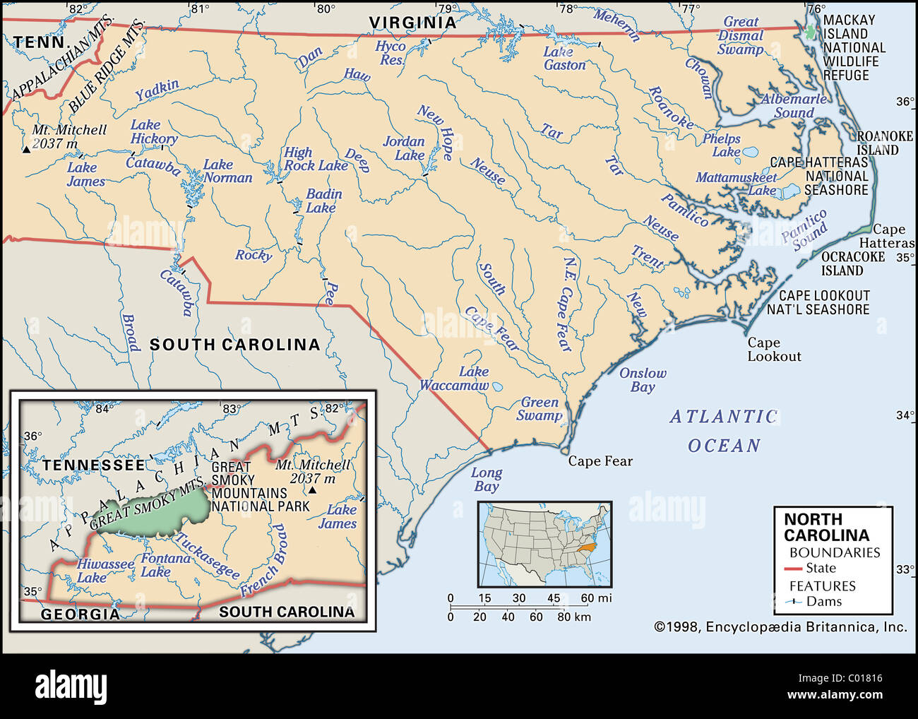 Physische Karte von North Carolina Stockfoto