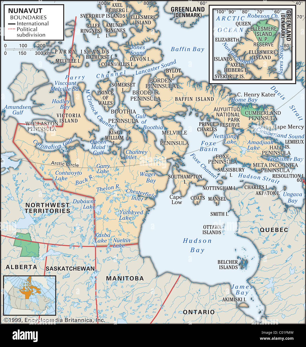 Physische Karte von Nunavut Stockfoto