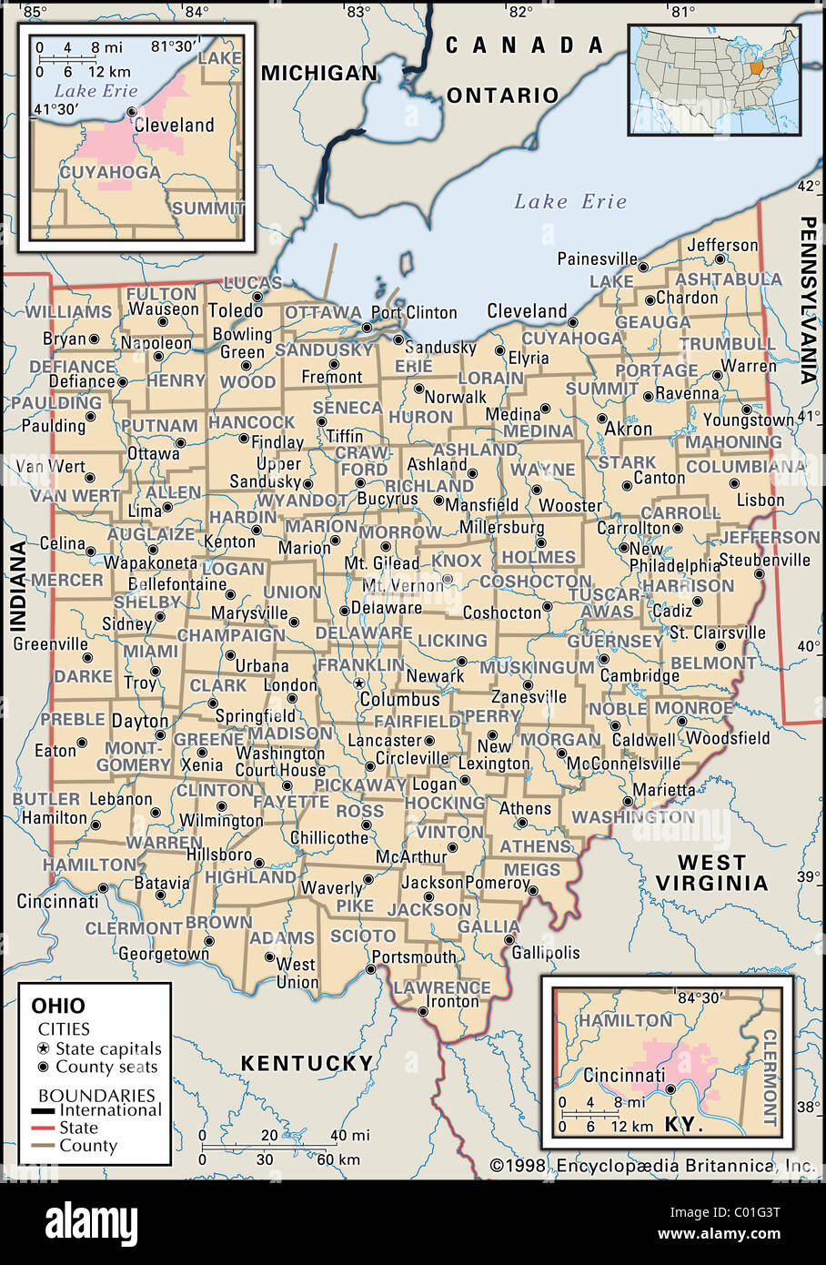 Politische Karte von Ohio Stockfoto