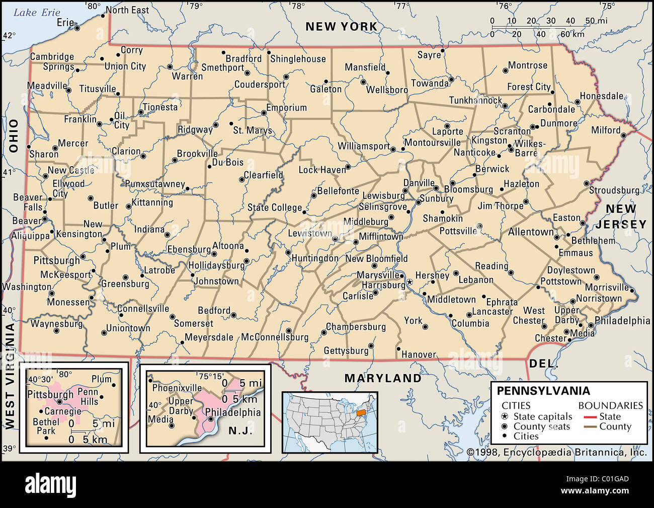 Politische Karte von Pennsylvania Stockfoto