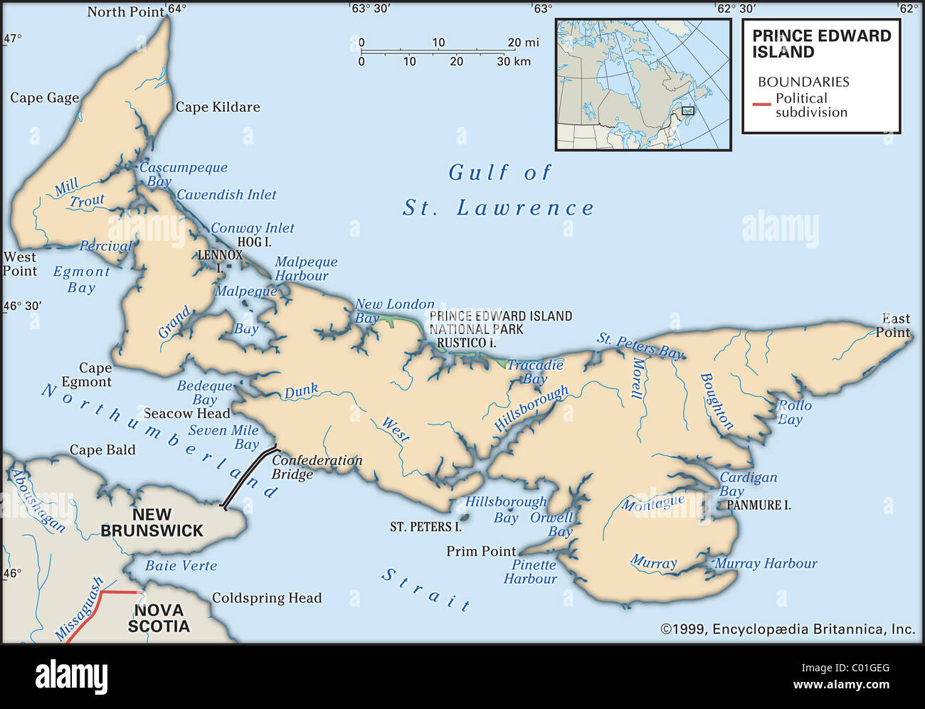 Physische Karte von Prince-Edward-Insel Stockfoto