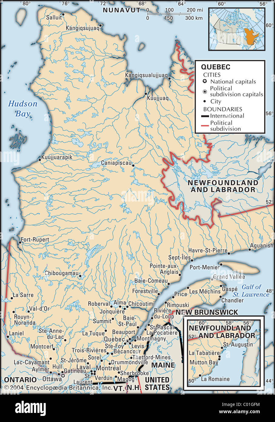 Politische Karte von Quebec Stockfoto