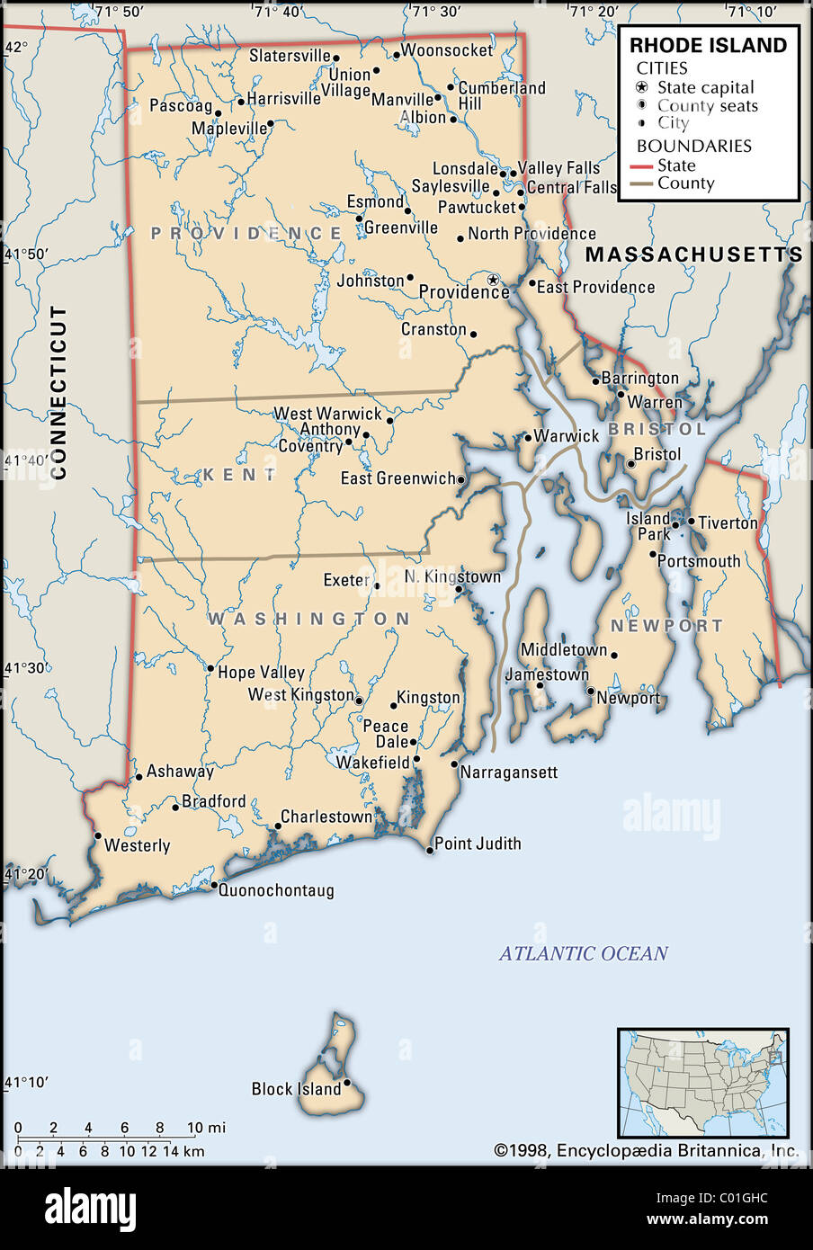 Politische Karte von Rhode Island Stockfoto
