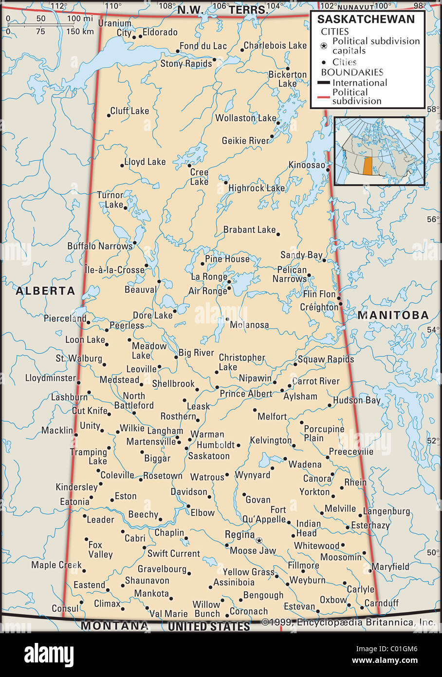 Politische Karte von Saskatchewan Stockfoto