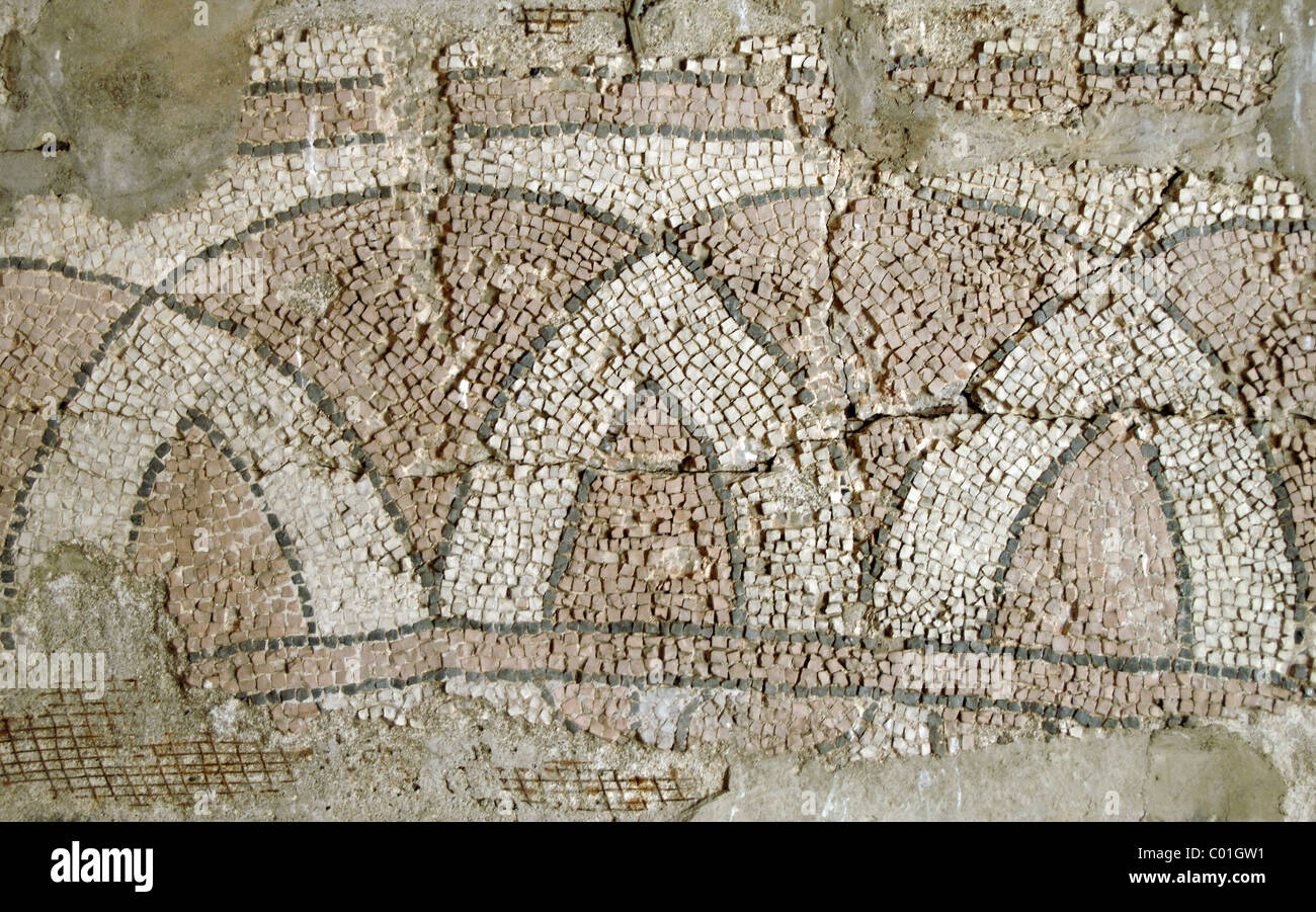 Römische Kunst. Mosaik im Hof des Museums Butrint. Detail. Albanien. Stockfoto