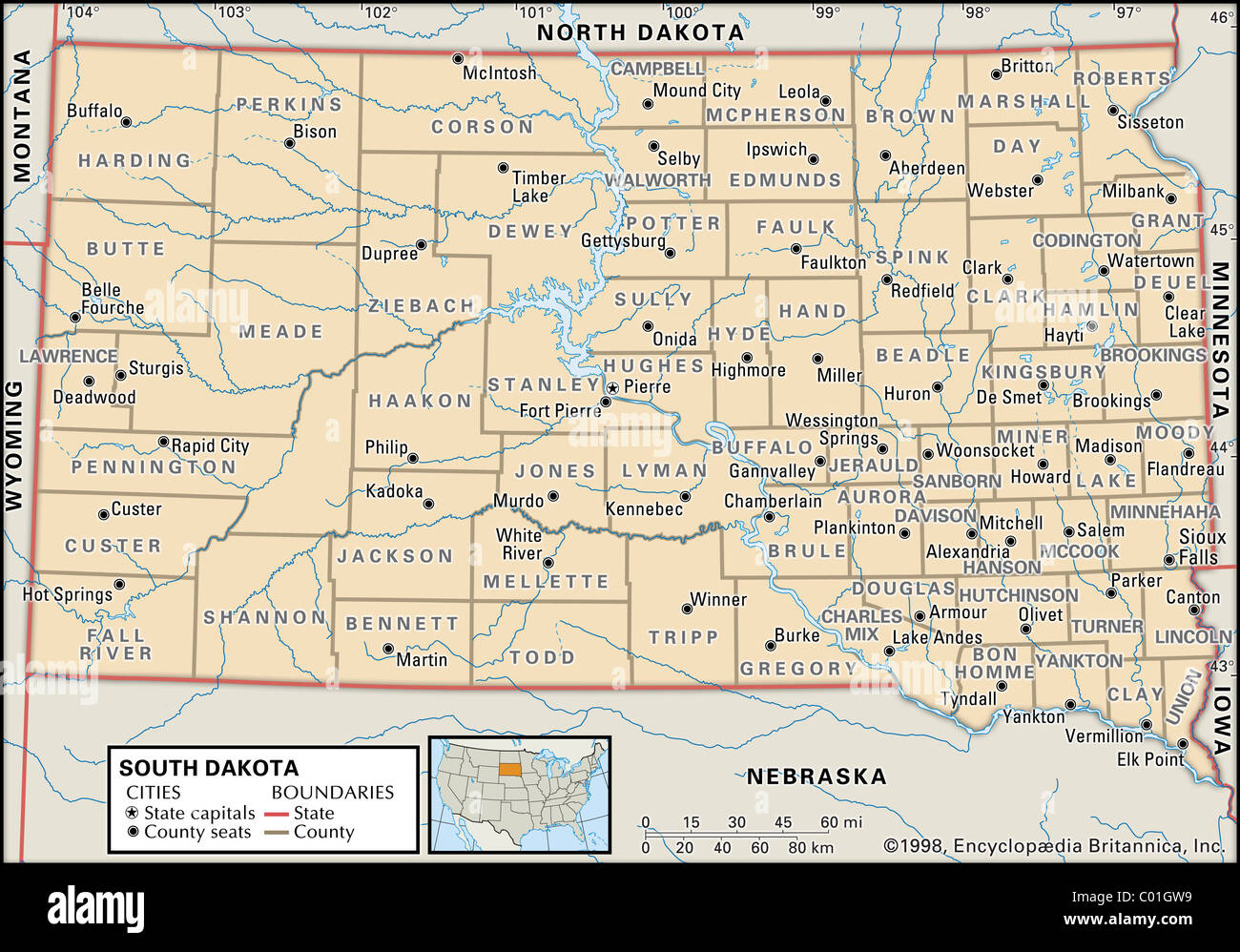 Politische Karte von South Dakota Stockfoto