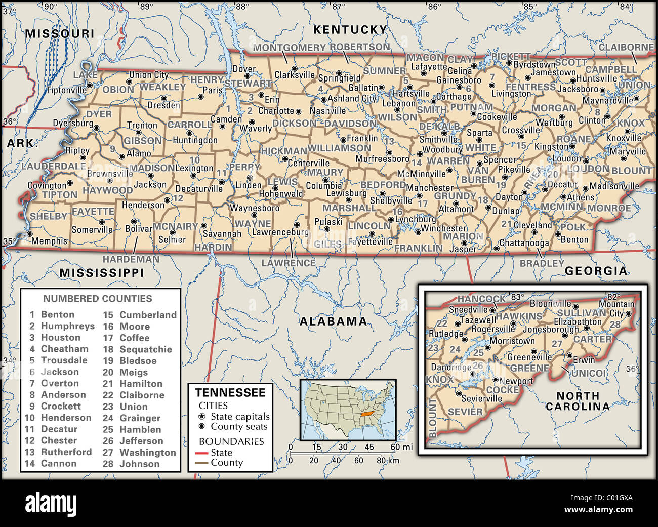 Politische Karte von Tennessee Stockfoto