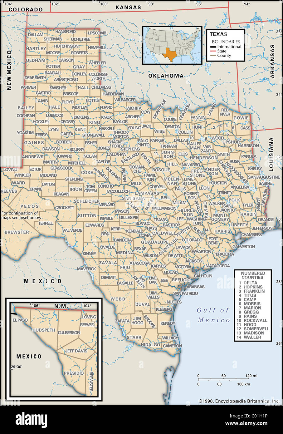 Politische Karte von Texas Stockfoto