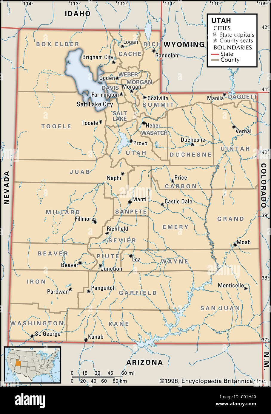 Politische Karte von Utah Stockfoto