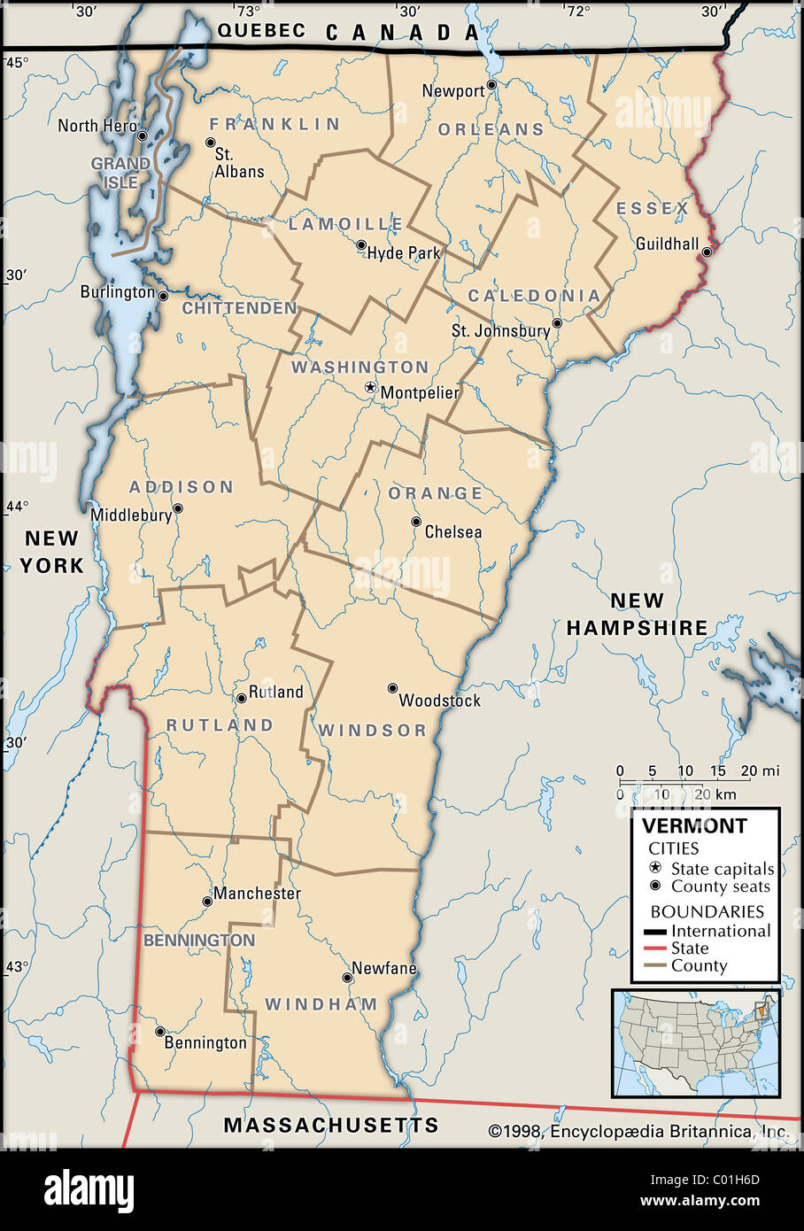 Politische Karte von Vermont Stockfoto