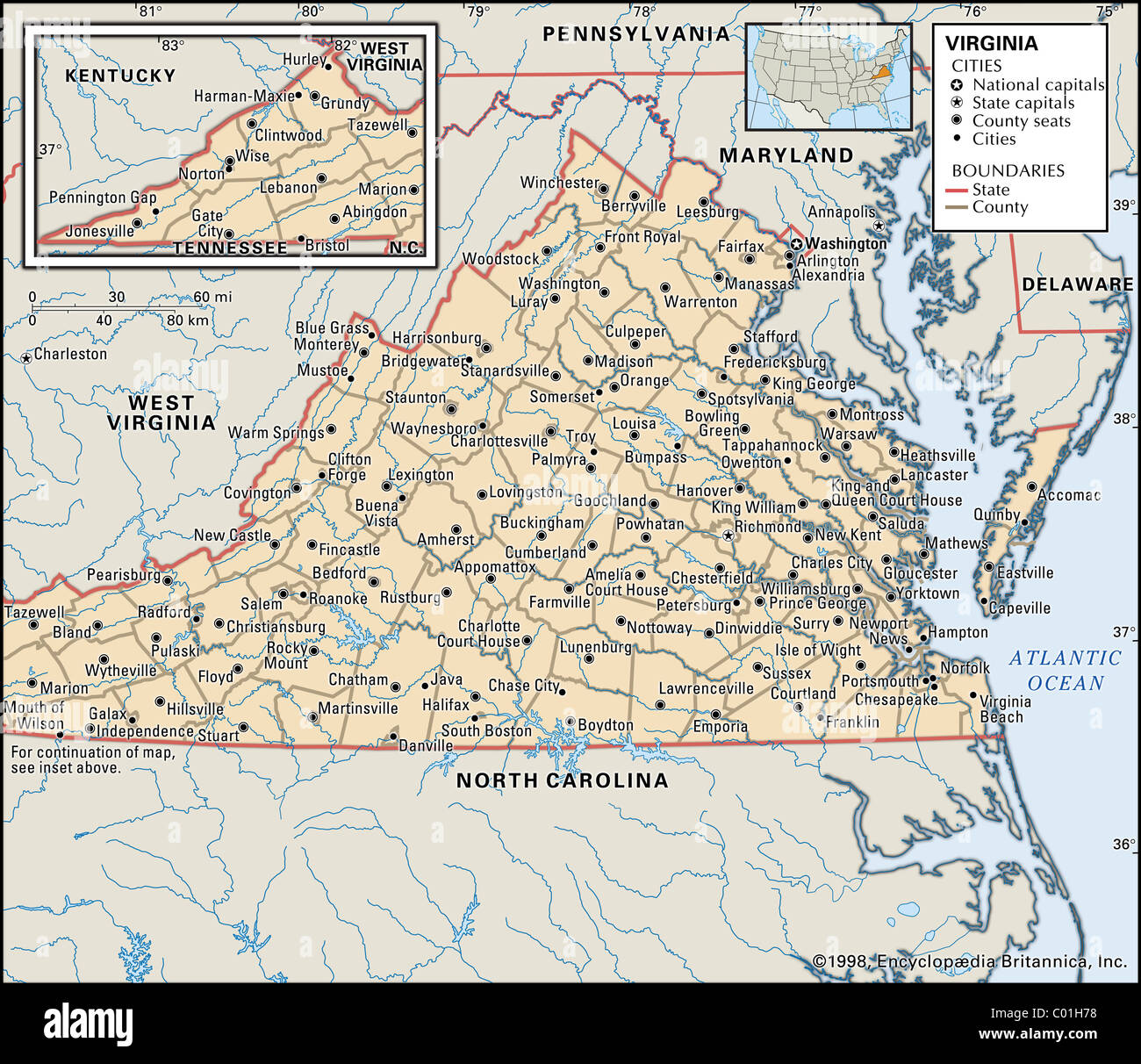 Politische Karte von Virginia Stockfoto