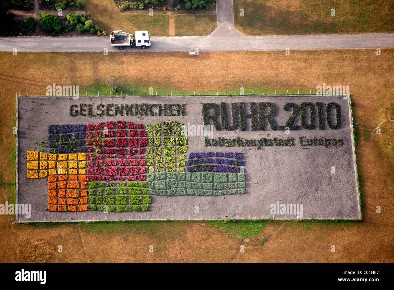 Luftaufnahme, machte Projekt von Ruhr. 2010, der Europäischen Kulturhauptstadt 2010, Schriftzug von Blumen, Blumenbeet, Buer district Stockfoto
