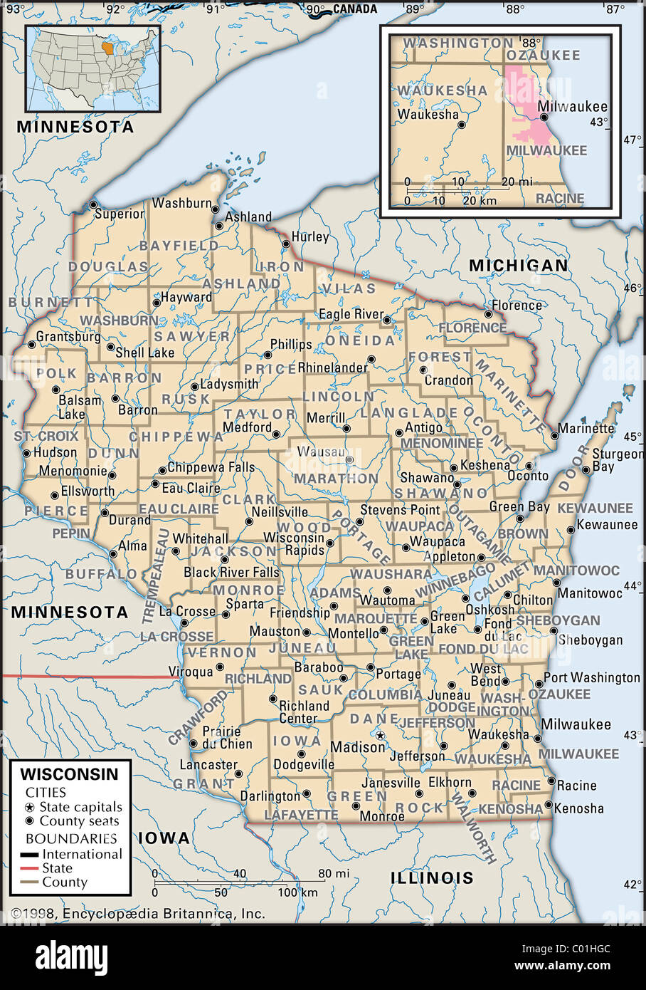 Politische Karte von Wisconsin Stockfoto