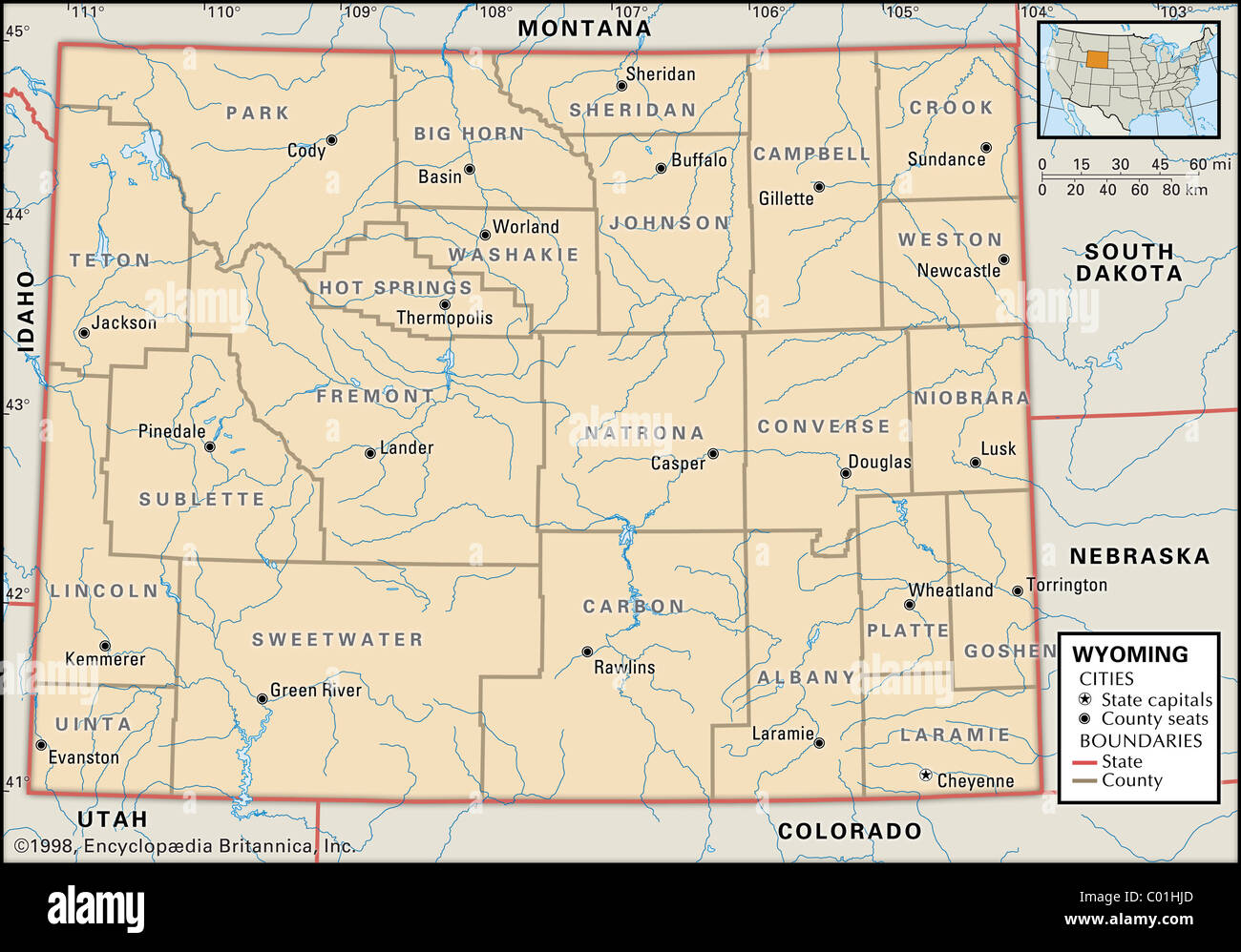 Politische Karte von Wyoming Stockfoto
