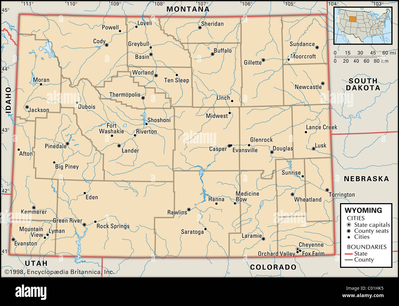 Politische Karte von Wyoming Stockfoto