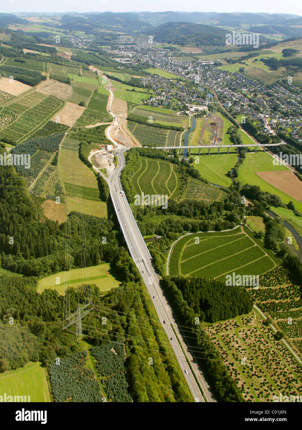 Luftaufnahme, Verlängerung der Autobahn A46, Autobahn-Ausbau, Ende der Autobahn A445 Autobahn in der Nähe von Bestwig, Meschede Stockfoto